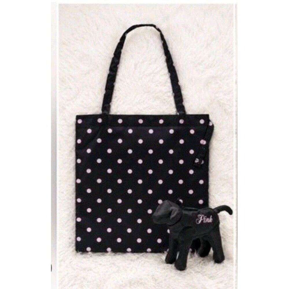 Victoria's Secret RARE PINK Polka Dot Packable Tote Bag w/ Dog Case Black NWT